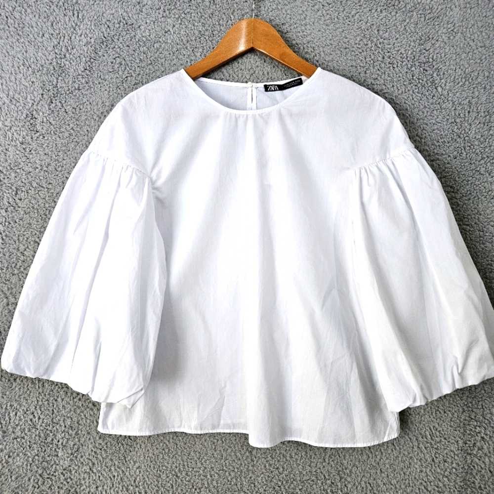 Zara White Cotton Blouse XS Balloon Puff Sleeve Summer Relaxed Boho Top - Picture 3 of 14